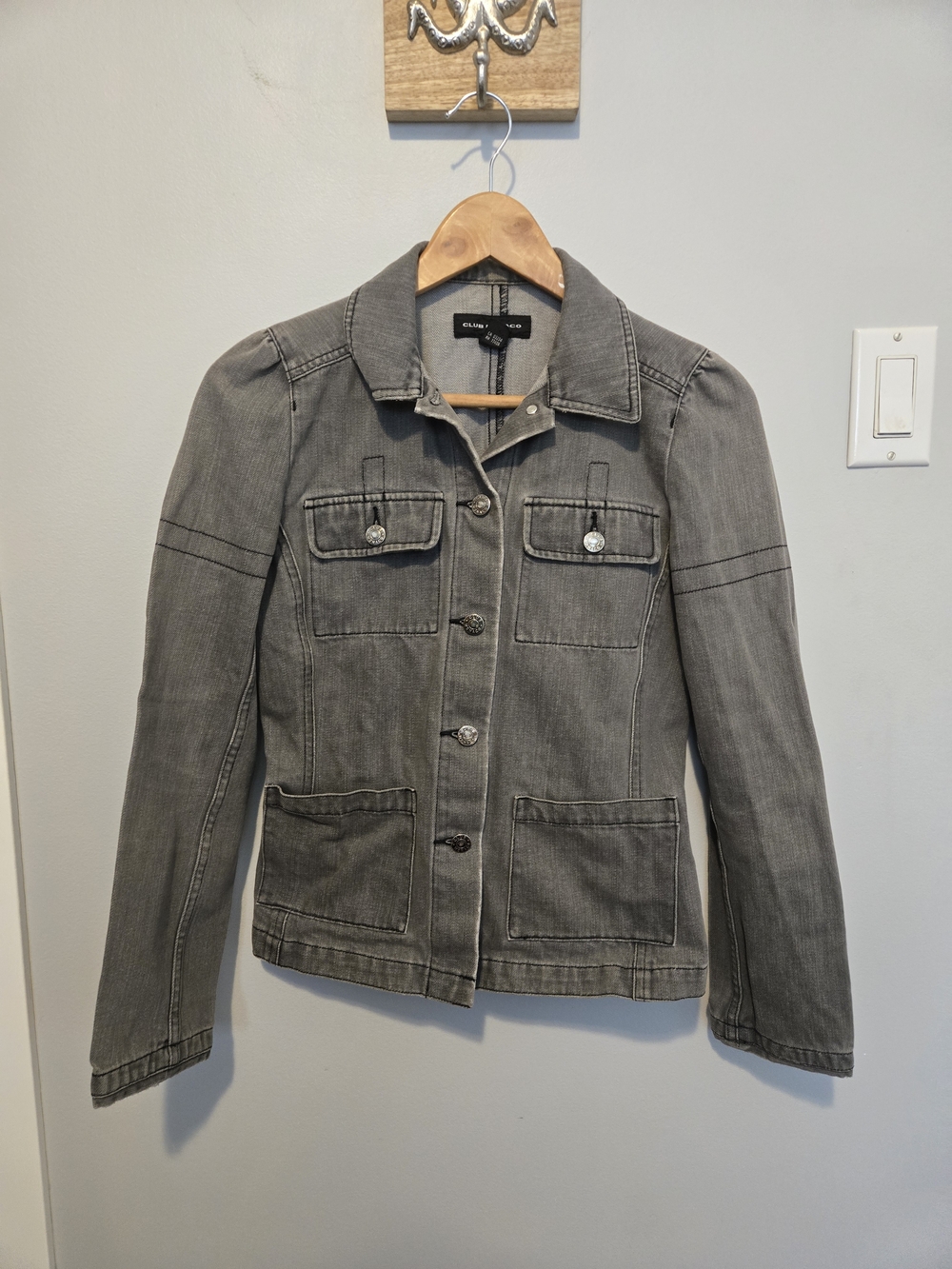 Club Monaco Grey Utility-Style Destressed Denim Jacket